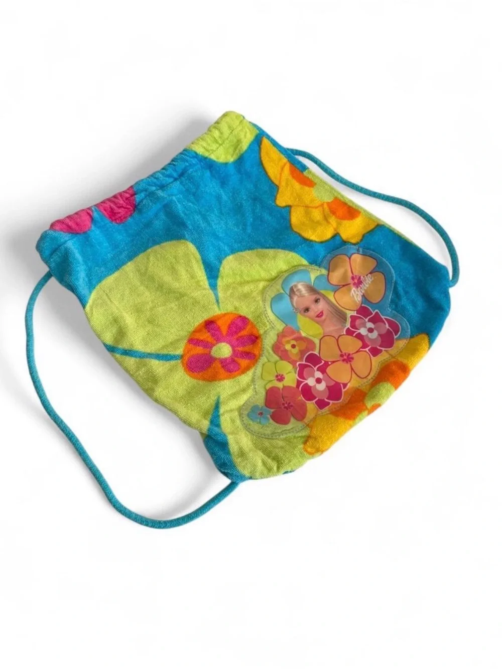 Rare Y2K Barbie Turquoise Floral Drawstring Bag with Lime and Yellow Accents